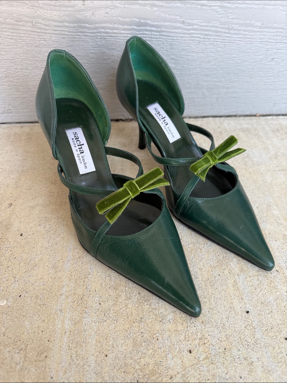 Sacha London Dark Green Pointed Toe Heels with Olive Velvet Bow